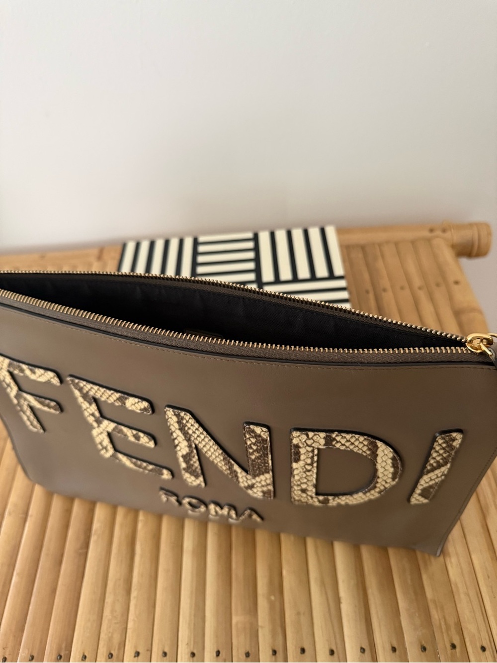 Fendi Taupe Leather Clutch with Snakeskin Logo and Gold Hardware - Picture 7 of 9